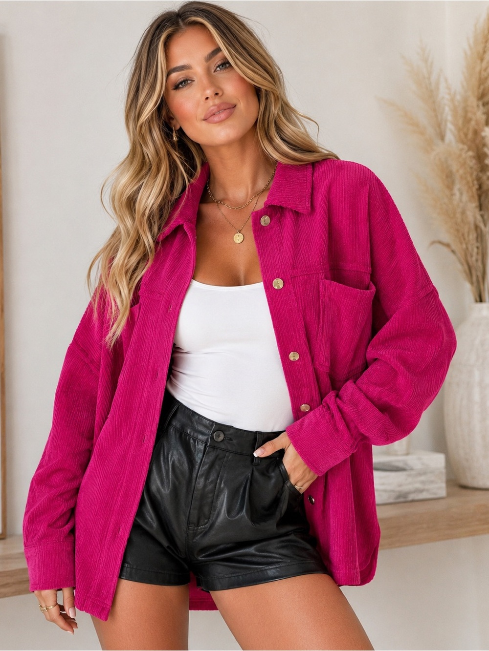 Thread & Supply Fuchsia Corduroy Button-Down Shacket